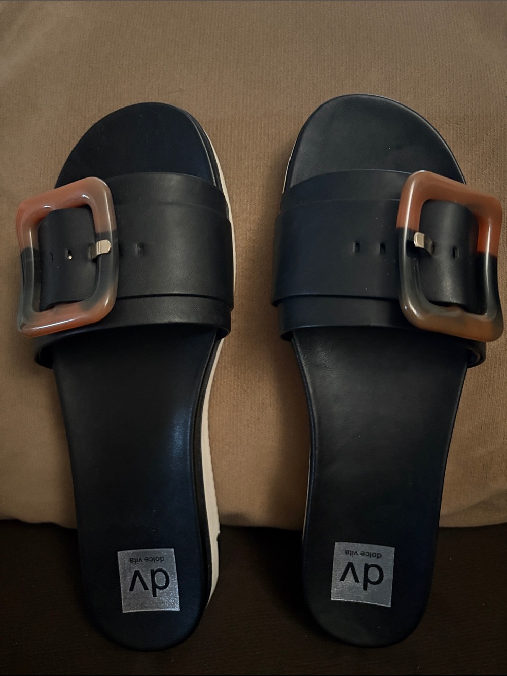 DV by Dolce Vita Black Slide Sandals with Brown Tortoiseshell Buckle